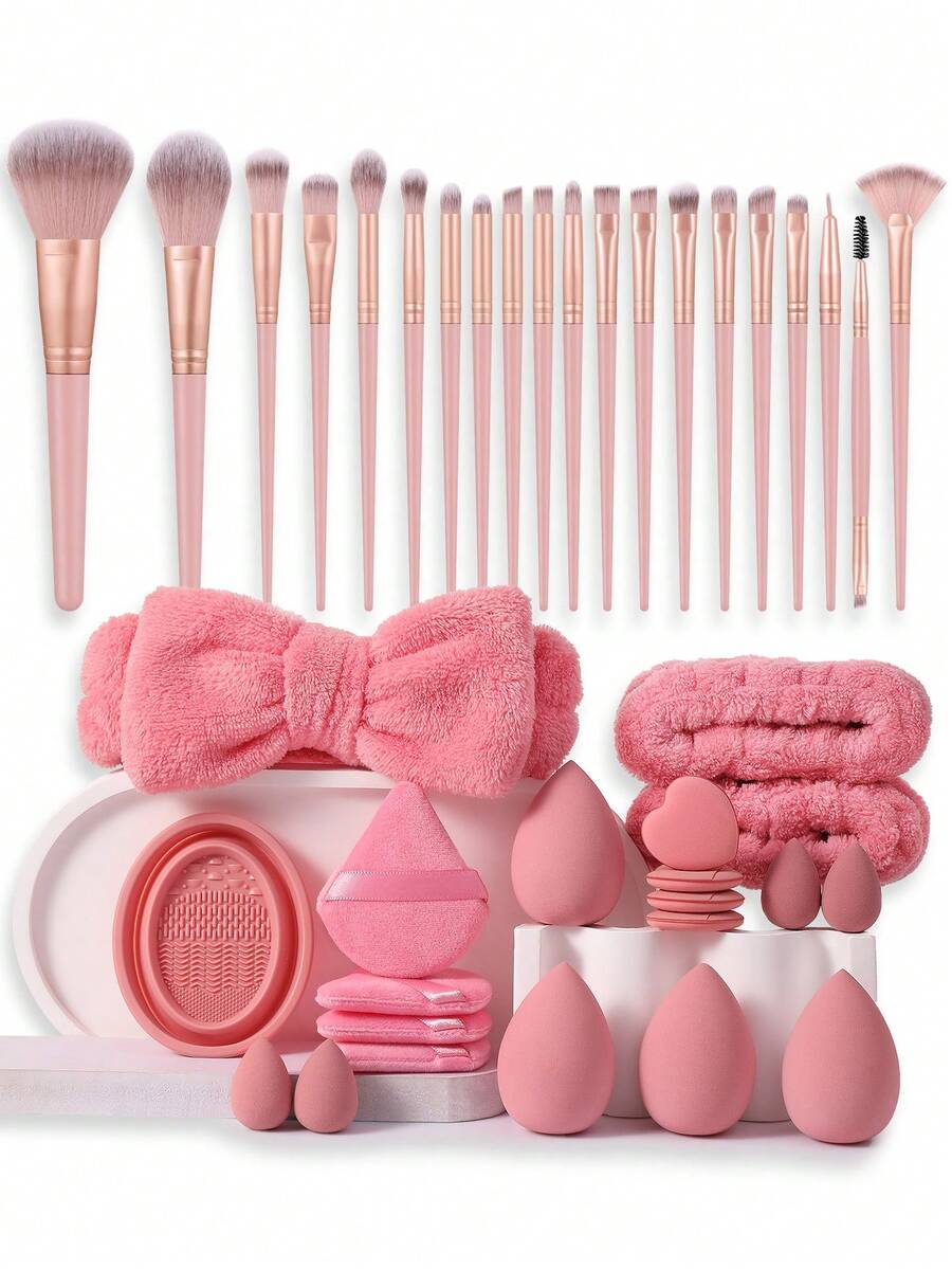 Set de 41 piezas de herramientas de maquillaje todo en uno, que incluye 20 brochas de maquillaje, bolsa de maquillaje impermeable, diadema, múltiples esponjas de polvo, esponjas de maquillaje, set de limpieza de brochas - Multicolor - Ver 1