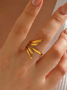 1pc 18K Gold Plated Stainless Steel Geometric Line Openable Ring, Suitable For Women's Daily And Party Wear - Multicolor - View 1