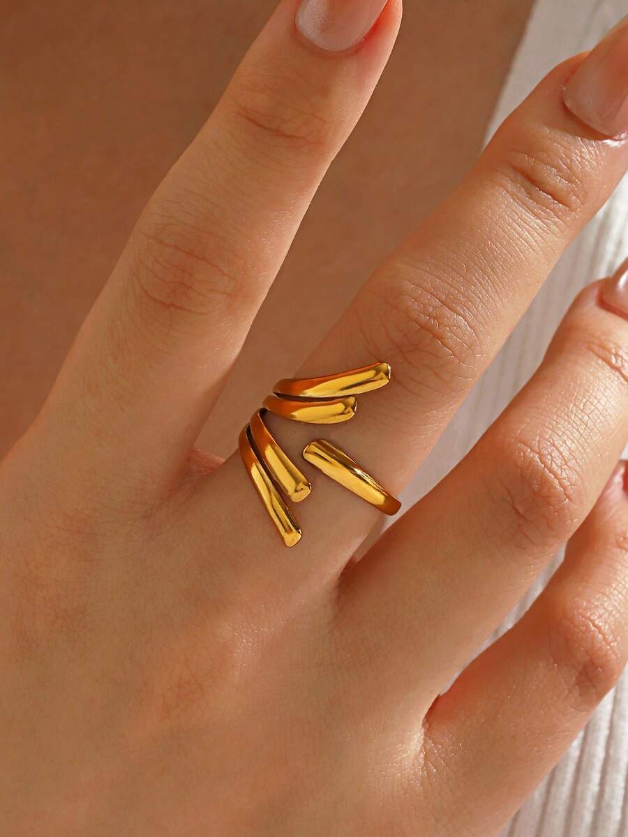 1pc 18K Gold Plated Stainless Steel Geometric Line Openable Ring, Suitable For Women's Daily And Party Wear - Multicolor - View 1