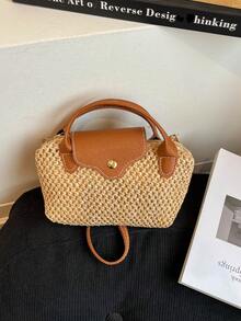 Casual Multi-Purpose Vacation Style Straw Mini Handbag, No Hanging Accessories, Exquisite Patchwork Contrast Color Flap Women's Crossbody Bag, Suitable For Shopping, Wallet, Shopping, Young Women, College Students, Newcomers, White-Collar Workers. Perfect For Office, School, Work, Business, Commuting, Outdoor Activities, Travel, Outings And Other Occasions. - Multicolor - View 6