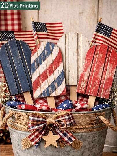 1pc/4pcs 4th Of July Independence Day Patriotic Popsicle Decor, Retro Red White Blue Popsicle Sign, 3-Tier Independence Day Tray Decor, American Flag Themed Farmhouse Style Popsicle Decoration, Patriotic Summer Tabletop Centerpiece, 2D Printed Popsicle Decoration For Home, Kitchen, Fireplace, Shelves