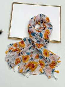 1pc Simple Printed Women's Scarf, Fashionable New Style Sun Protection Beach Scarf, Silk-LikeLinen Feel Shawl For Women - Orange - View 3