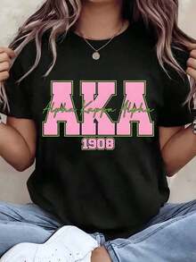 Alpha 1908 Women's T-Shirt, Pink And Green Print, Round Neck, Regular Fit, Casual Wear, Gift For Sorority Members, 220g, Loose Fit Blouse - 黑色 - 查看 6