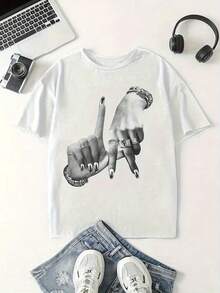 Camiseta% algodón con estampado de gestos retro rock estilo Y2K - Top casual holgado de manga corta para mujer, tela suave y no transparente, diseño retro en blanco y negro, adecuada para usar en fines de semana en todas las estaciones, moda urbana, material opaco apto para todas las estaciones, se puede usar como capa base en primavera y otoño o sola en verano, estilo unisex, top moderno de algodón pesado estilo cityboy. - Negro - Ver 9
