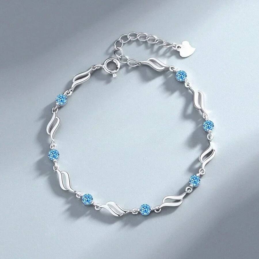Korean Sterling Silver 925 Heart Shaped Crystal Necklace And Bracelet Set For Women, Vintage Party Jewelry, High-End Gift. - 藍色手鐲 02 - 查看 1