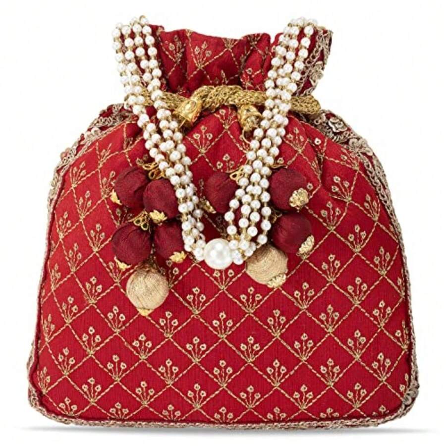 Aheli Potli Bag for Women Handmade Evening Wristlet Handbag Stylish Bridal Purse Fashion Bag - Rojo 2 - Ver 1