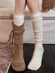 1 Pasang Kaos Kaki Bertumpuk dengan Tepi Bergelombang, Cocok Dipadukan dengan Sepatu Bot, Kaos Kaki Wanita Gaya Musim Semi/Gugur JK, Kaos Kaki Panjang Berenda Putih, Cocok untuk Sepatu Bot Panjang, Kaos Kaki Setinggi Betis - MultiWarna - View 9