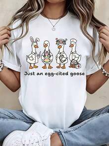 T-Shirt With Cute Duck Design And Easter-Themed Characters, With The Text "Goose Excited About Egg", Ideal For Spring And Holidays - Urban Vintage Style, Unisex, Cotton, Short Sleeve, Round Neck, 100% Cotton. - 白色 - 查看 1