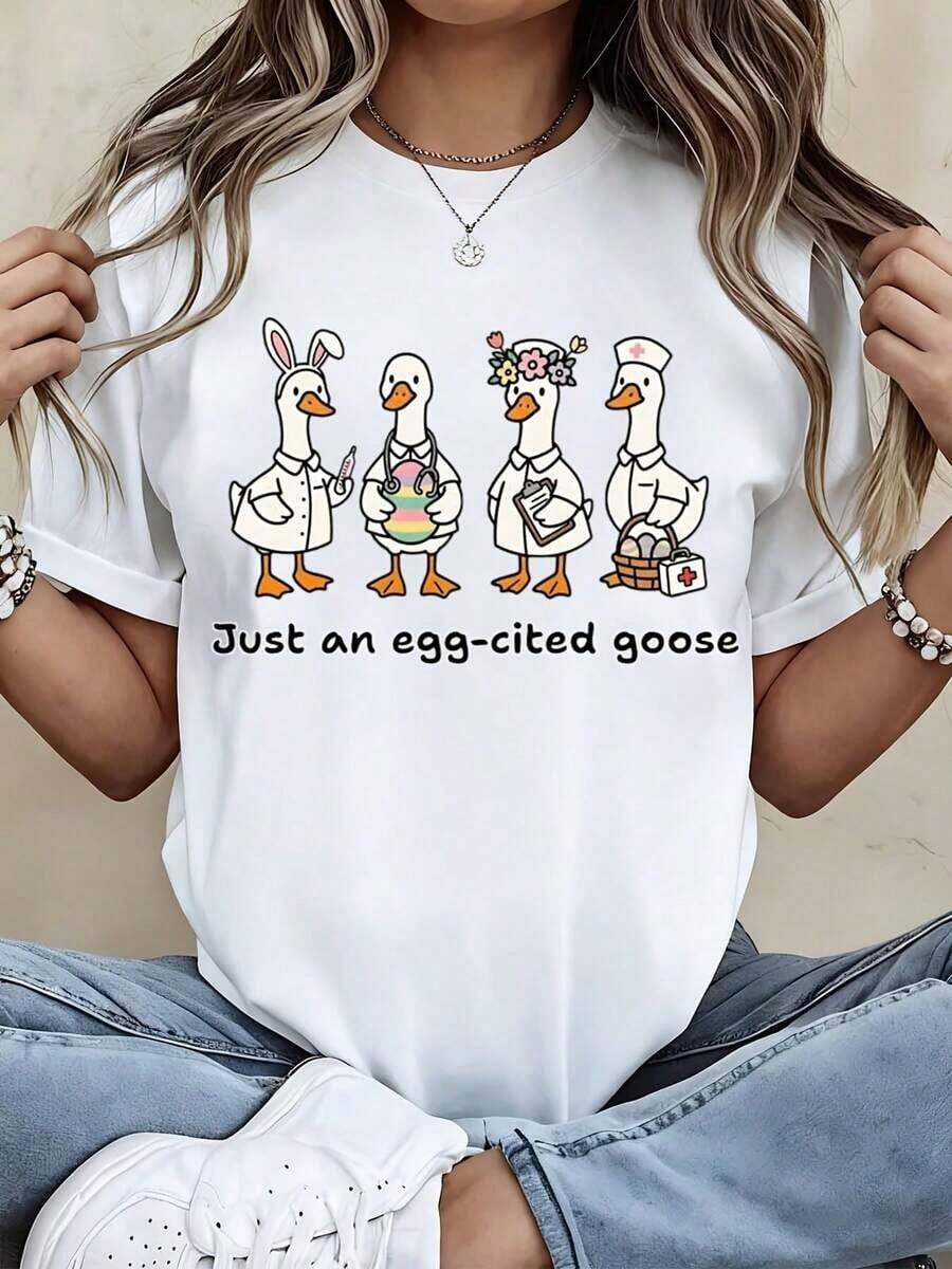 T-Shirt With Cute Duck Design And Easter-Themed Characters, With The Text "Goose Excited About Egg", Ideal For Spring And Holidays - Urban Vintage Style, Unisex, Cotton, Short Sleeve, Round Neck, 100% Cotton. - 白色 - 查看 1