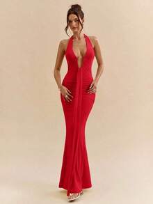 xheSHEIN  Vestido maxi elegante con cuello halter y escote profundo en V, de color amarillo crema, para mujer, para primavera/veranoxhe - Rojo - Ver 7