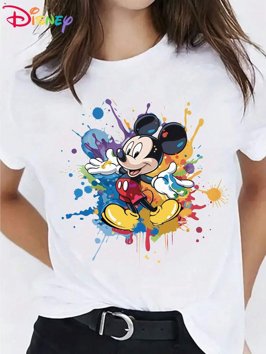 Disney! Hot-Selling Disney Mickey Mouse Print Women's T-Shirt, Casual Fashion Round-Neck Short-Sleeve Summer Top, Anime Cartoon Sweatshirt, For Outdoor And Daily Casual Wear - trắng - Xem 1