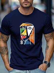 Camiseta de talla grande para hombre, relajada y casual, simple y elegante, camiseta de verano casual de manga corta y cuello redondo con estampado de rostro de estilo geométrico abstracto, TALLA GRANDE - Gris - Ver 7