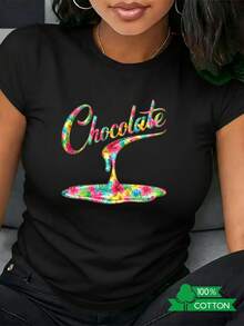 Morbida Women's T-Shirt, Round Neck, 100% Cotton, Fashionable Letter/Anime/Floral Print, Simple Design, Comfortable, Breathable, Everyday, Party, Summer, Estiva Casual - 黑色 - 查看 6