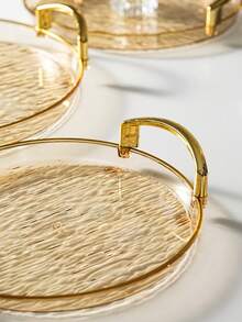 Tea Cup Coffee Cup Water Cup Serving Tray, Thickened PET Round Transparent Glacier Pattern Tray With Handles, Durable - Perfect For Home Living Room Decor, Weddings And Parties - Amber With Gold Trim - View 9