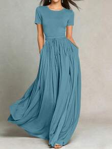 HUTENER Vestido largo con cintura anudada, vestido largo elegante y vintage, versátil y estilizador para el verano - Albaricoque - Ver 8