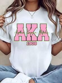 Alpha 1908 Women's T-Shirt, Pink And Green Print, Round Neck, Regular Fit, Casual Wear, Gift For Sorority Members, 220g, Loose Fit Blouse - 白色 - 查看 1