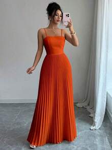 Vestido largo de mujer de unicolor, plisado, elegante, con cintura ceñida y tirantes, adecuado para fiestas y salidas - Amarillo claro - Ver 11