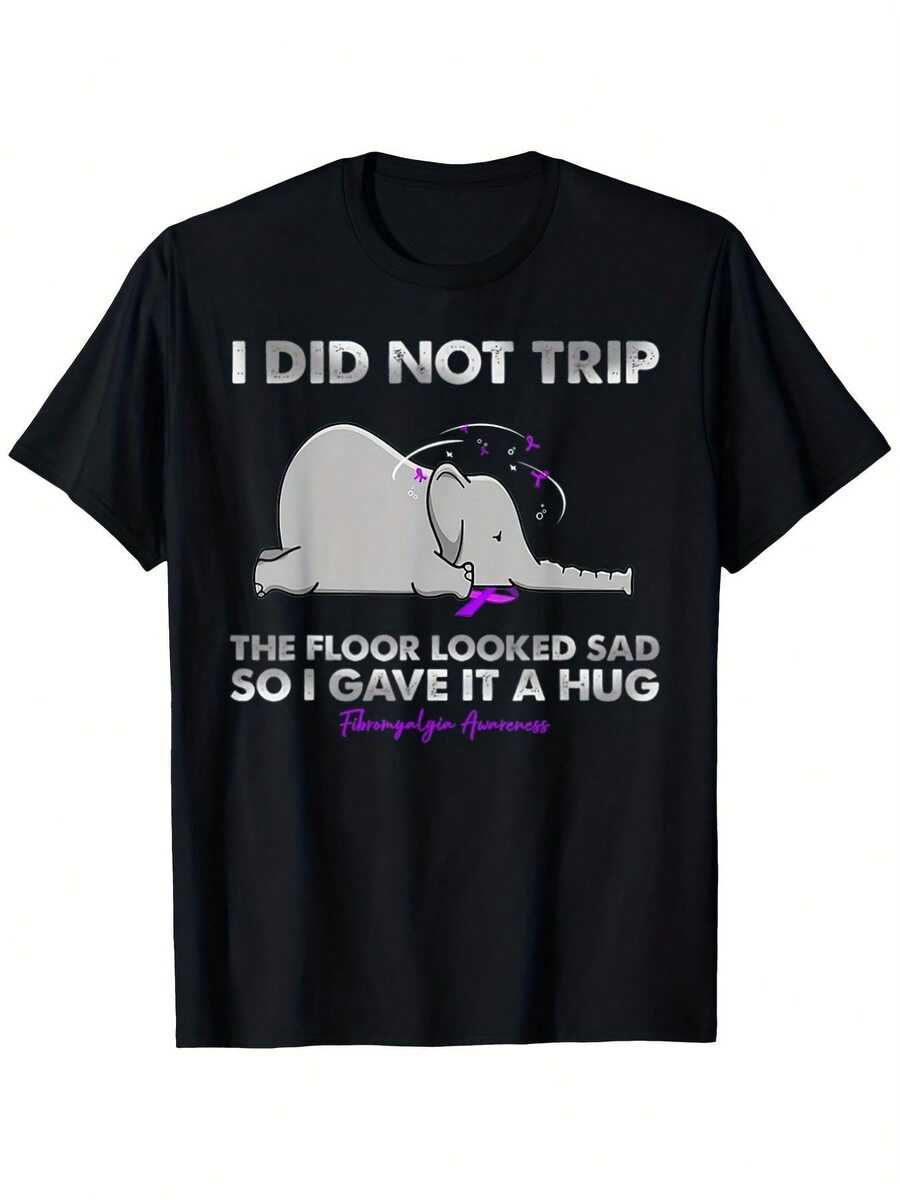 Funny T-Shirt With "I Didn't Trip" Graphic And Falling Elephant Design - Retro Humor T-Shirt, 100% Soft And Breathable Cotton For Men And Women, Unisex Casual Everyday Wear Tee With Funny Elephant On The Ground And Dumbo-Inspired Phrase, Sizes S-XXXL (Machine Washable) - Perfect For Parties And Everyday Wear - 黑色 - 查看 1