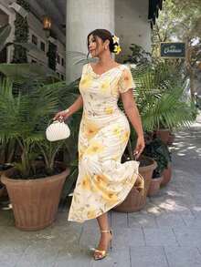 Vestido de manga corta con estampado floral de talla grande - Multicolor - Ver 2
