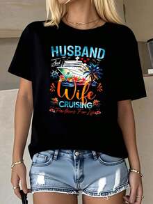 CottonWo Couple's T-Shirt For Cruise Trip, Tropical Cruise Ship And Palm Tree Print, Round Neck, Loose Fit, Comfortable, Breathable, Summer Casual Wear, Perfect Gift, Must-Have - 黑色 - 查看 7