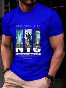 Short-Sleeve Heavyweight Cotton T-Shirt With New York Sky Freedom Graphic PAYEAH 100% Cotton - 藍色的 - 查看 3