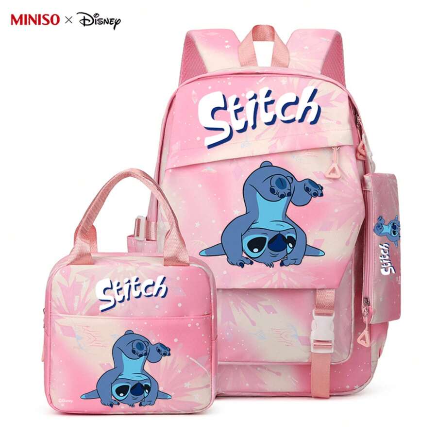 MINISO X Disney Stitch 3 PiecesBackpack Set, Cute Galaxy Gradient Design With Lunch Bag & Pencil Pouch For Suitable For Office Work, Study, And Travel Use - Colocr 2 - View 1