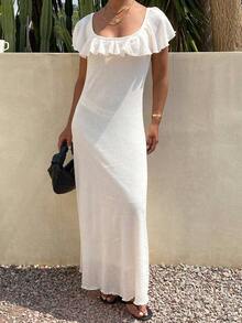Vestido ajustado de cuello redondo sin mangas con dobladillo con volantes, adecuado para fiesta, playa, vacaciones, verano - Albaricoque - Ver 1