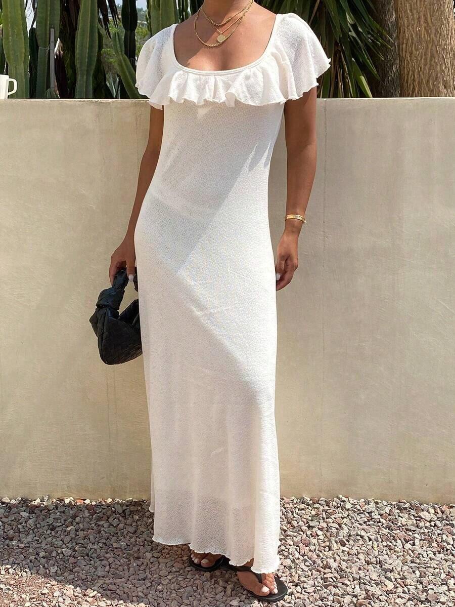 Vestido ajustado de cuello redondo sin mangas con dobladillo con volantes, adecuado para fiesta, playa, vacaciones, verano - Albaricoque - Ver 1
