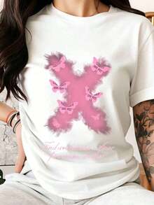 Fashionable Casual T-Shirt For Women With Pink Butterfly And Text Design, Summer And Spring Clothing, Perfect Gift For Friends And Family. New Summer Arrivals: 100% Cotton Crew Neck T-Shirts. - 白色 - 查看 11