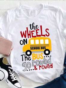 Short-Sleeve T-Shirt With Bus Wheel Design, Teacher Appreciation, Teacher T-Shirt, Women's Graphic Tee, Back To School, Teacher Apparel, Women's Casual Crew Neck T-Shirt, Fitted T-Shirt, 100% Cotton - 白色的 - 查看 6