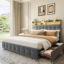 Estructura de cama doble tapizada moderna con cabecero suave de doble capa, 2 cajones de almacenamiento, iluminación LED, toma de corriente y puerto USB, somier de láminas metálicas resistentes - Gris Claro - Ver 3