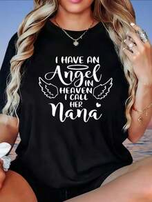 Plus Size T-Shirt, Short Sleeve, "I Have An Angel In Heaven, I Call Her Nana", Women's T-Shirt, Lovely Gift For Grandma, Memorial T-Shirt For Mom And Grandma With Wings And Halo Design, Women's T-Shirt, 220g, 100% Cotton - 黑色 - 查看 6