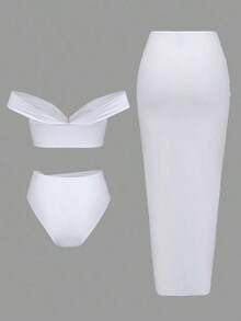 Swim Oasis Set de 3 piezas para vacaciones de verano: Bikini tipo bandeau de unicolor y sexy con detalles dorados + Vestido largo con abertura en la cintura y corte frontal a la cintura - Blanco - Ver 2