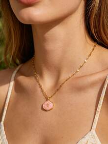 1 Stück modische rosa Tropfenöl Kreuz runde Anhänger Halskette für Frauen, goldfarbene geometrische Halskette, Hip Hop Party Schmuck Geschenk - Verschiedenfarbig - Übersicht 9