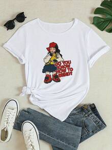 Camisetas de Mujer LZ24120213 con Diseño de Cantante de Dibujos Animados, Perfectas para Primavera y Verano con Mangas Cortas. Esta camiseta deportiva informal es ideal para el uso diario, con un diseño moderno que presenta letras y flores en relieve, lo que la convierte en una opción muy popular en . - Blanco - Ver 2