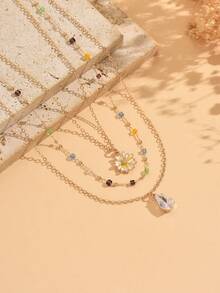 3pcs/Set Fashionable Versatile Colorful Crystal Daisy & Water Drop Pendant Necklace, Gold Tone, Suitable For Daily Wear, Beach, Date, Party, Music Festival. Chain Length Can Be Customized, Crystal Color Is Random - Multicolor - View 3