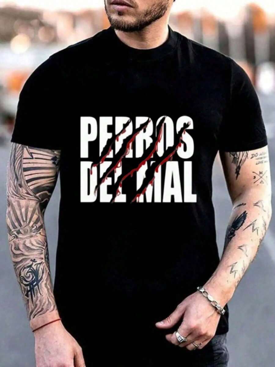 Crosswords Evil Dogs Black Print - Simple Casual Graphic Pure T-Shirt - Soft And Comfortable Short Sleeve Crew Neck T-Shirt With Bold Portrait Print, All Seasons Streetwear, Casual Street | Crew Neck T-Shirt | Shirt - 黑色 - 查看 1