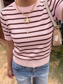 Cárdigan de mujer con cuello en V y manga corta,decoración con botones delanteros,estilo de moda minimalista y versátil casual,adecuado para el uso diario,linda blusa de punto para el verano - Rosa - Ver 4