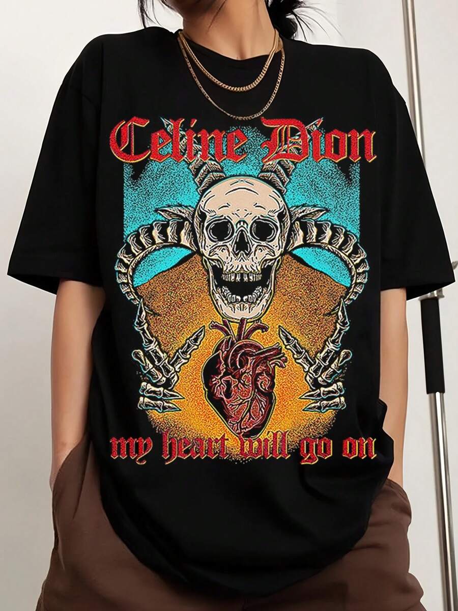 Celines's Dionss Heavy Metal T-Shirt, Men's And Women's Sizes (Wtb-082) Crew Neck Printed Men's Fashion Short-Sleeved Sports T-Shirt, Comfortable And Versatile, 100% Cotton, 220g - Black - View 1