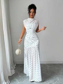 Vestido maxi elegante con estampado de lunares, cuello alto, sin mangas, sexy, con recortes de malla, parches y pliegues en A-line, adecuado para fiesta de graduación, vacaciones, citas, vestido formal blanco, vestido elegante, vestido de cumpleaños, vestido de verano - Blanco - Ver 5