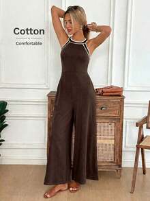 Mono de pierna ancha con cuello redondo, tirantes, bolsillo en diagonal, de corte holgado, elegante y vintage, para uso casual o de viaje, en primavera/verano para mujeres, con detalles de contraste - Marrón - Ver 5