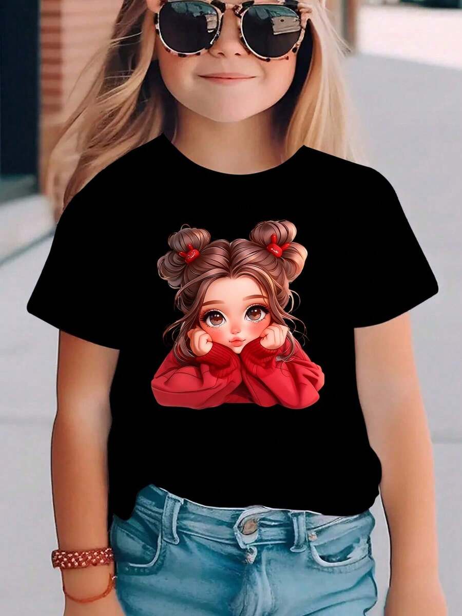 Camiseta de manga corta de verano para niñas, con estampado de elemento de dibujos animados: niña con pinza de pelo de conejo y suéter rojo apoyando la barbilla en la mano, top casual y versátil, NY-DX7108, Envío gratuito