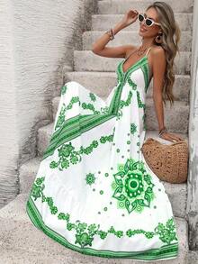 Holidaya Vestido de verano sin espalda con tirantes y estampado de tótem azul y blanco de estilo tropical para mujer, vestido de playa de primavera/verano, vestido de vacaciones de verano, vestido bohemio de verano, vestido azul y blanco para mujer, vestido de sol para mujer, ropa de mujer bohemia, vestido bohemio sin mangas con cuello halter y estampado aleatorio y volante en el bajo para mujer - Verde - Ver 6