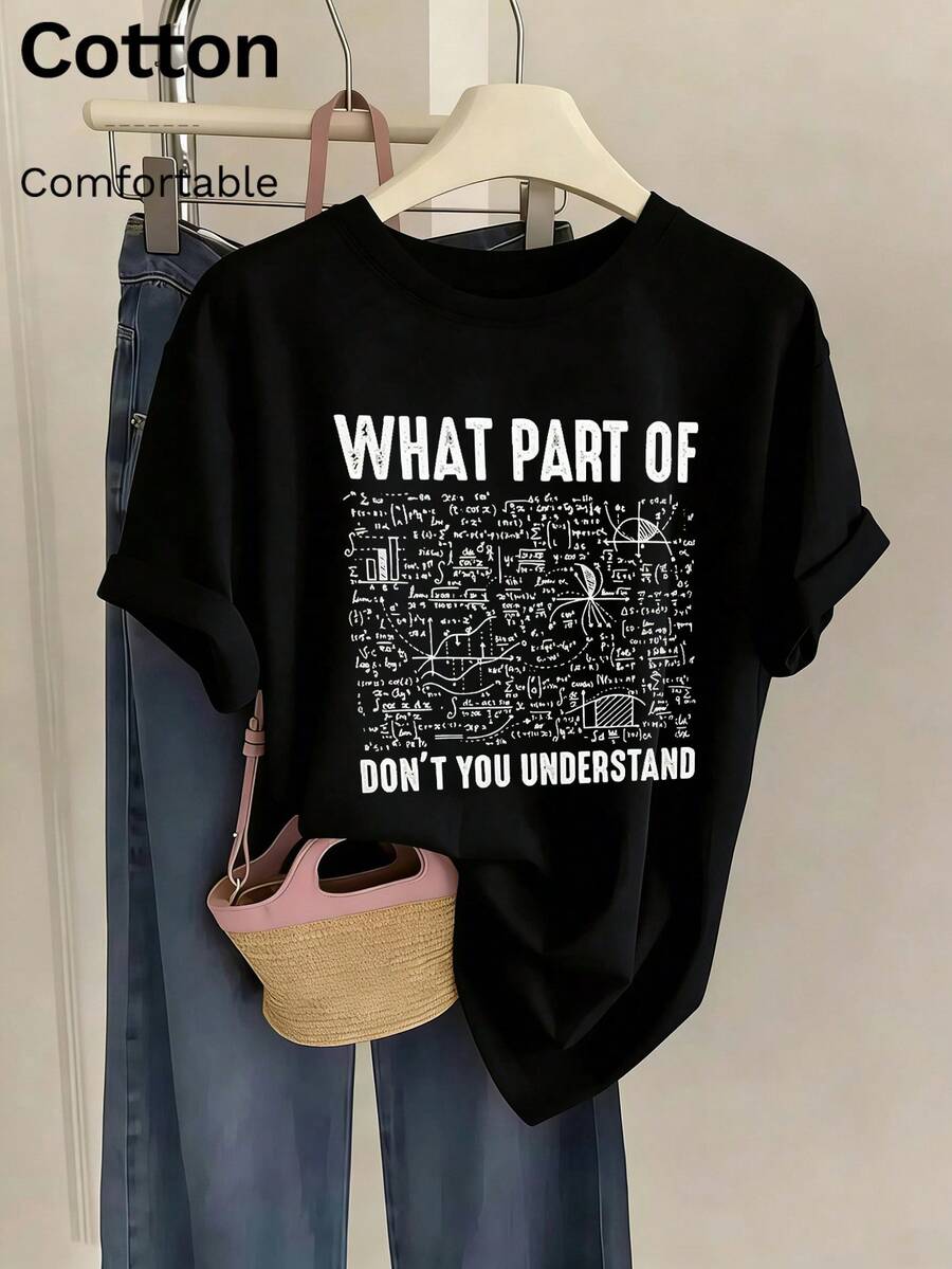 春夏女款“数学你到底哪里不懂”图案T恤,100%纯棉休闲柔软短袖T恤,数学书呆子幽默美学上衣,一件定制商品 - 黑色 - 查看 1