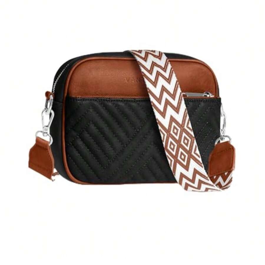 Premium Quilted Crossbody Bags For Women With Anti-Pickpocket Clip, Vegan Leather Handbags, Travel Purses For Women - 單肩包,瑪瑙色和棕色提花肩帶 - 查看 1