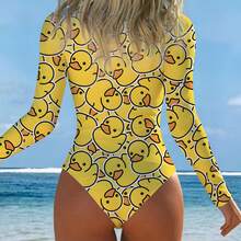 Women 3D Little Yellow Duck Print Long Sleeve Swimwear One Piece Rash Guard Summer Outdoor Swimming Bathing Suit Athletic Monokini Gift For Women Girls - Black - View 6