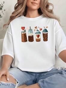 Four Coffee Cups Decorated With Hearts And Love Quotes Represent Sweet And Affectionate Moments, Ideal For Conveying Warmth And Tenderness. Comfortable Casual Women's T-Shirt For Everyday Wear. - 白色 - 查看 8