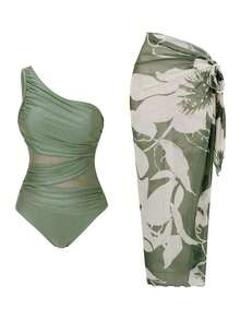 Swim Oasis Nuevo traje de baño de mujer 2026SS para vacaciones, citas, estilo occidental, cruceros, playa, isla, viajes por carretera, todas las estaciones, festivales de música, vacaciones bohemias, vacaciones bohemias, otoño relajado bohemio Y2K, elegante y vintage, traje de baño casual de una pieza con estampado floral, bata y falda, traje de baño marrón de una pieza para mujeres, traje de baño con bata para playa, atuendos de vacaciones para mujeres, moda traje de baño marrón, traje de baño de un hombro, traje de baño de malla transparente, biquini con bata, traje de baño de una pieza con bata para mujeres, trajes de baño marrones, atuendos de vacaciones para mujeres, atuendos de playa para mujeres - Verde - Ver 7