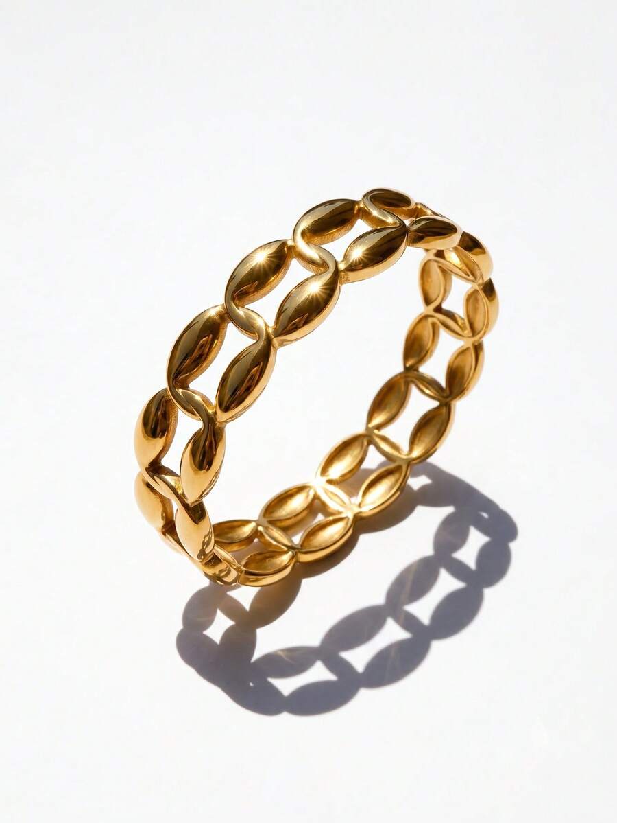 Bracelet en acier inoxydable plaqué or 18 carats pour femmes. Imperméable, anti-ternissement, mode, bijoux. Chaîne de liens ovales épais, géométrique, entrelacé, évidé, marquise. Minimaliste, vintage, chic, pièce à la mode pour l'été, la plage, les vacances, le port quotidien, les fêtes, cadeau. Anti-décoloration - Imbrication - Voir 1