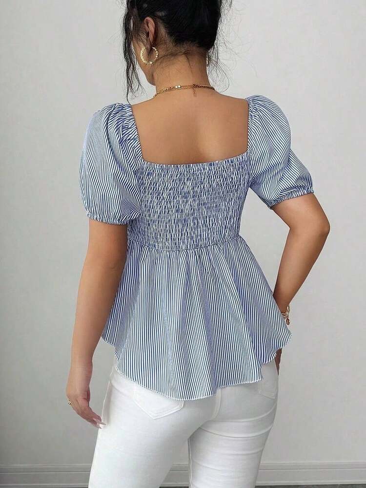 Elenzya Nueva llegada Blusa casual de uso diario para mujer con diseño minimalista, cuello cuadrado, lazo en la cintura y rayas azul francés y blancas - Azul y blanco - Añade 8